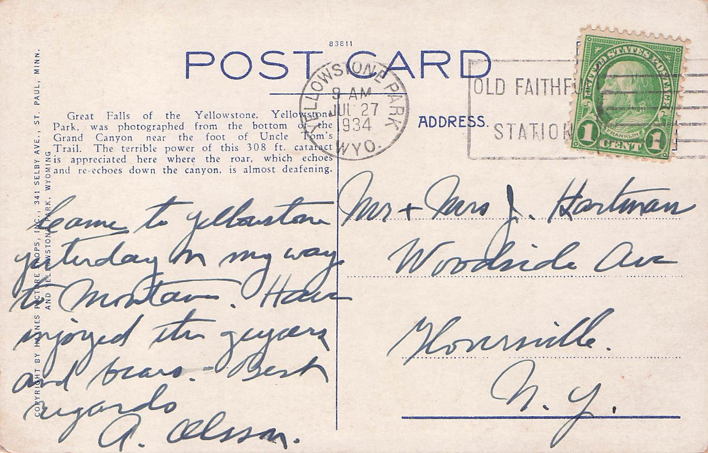 1934 07 27 Great Falls From Below, 308ft Yellowstone Park