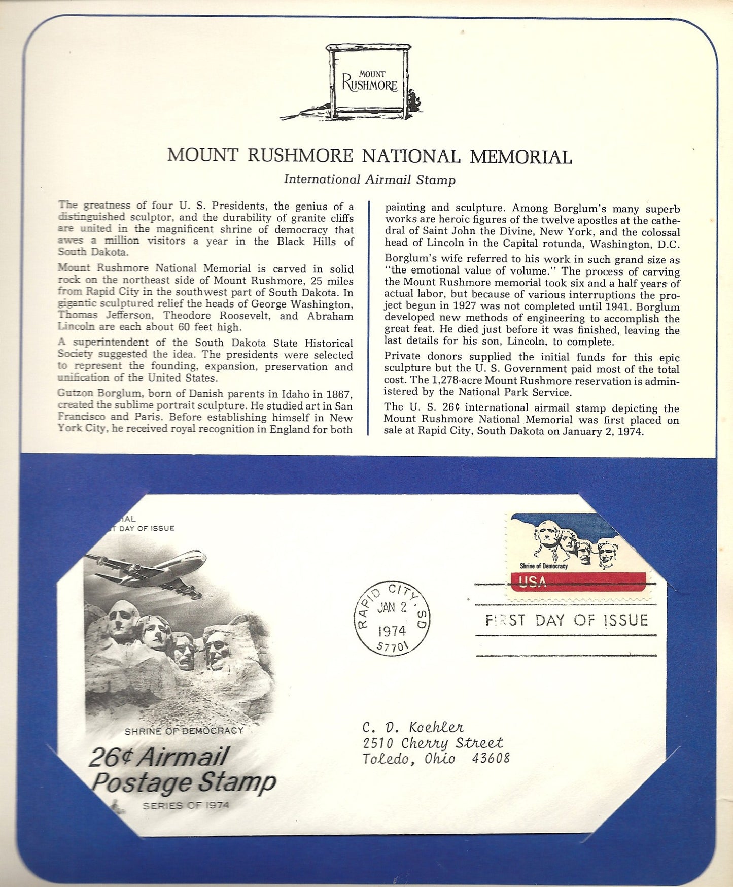 01 02 1974 FDC WH Mount Rushmore National Memorial