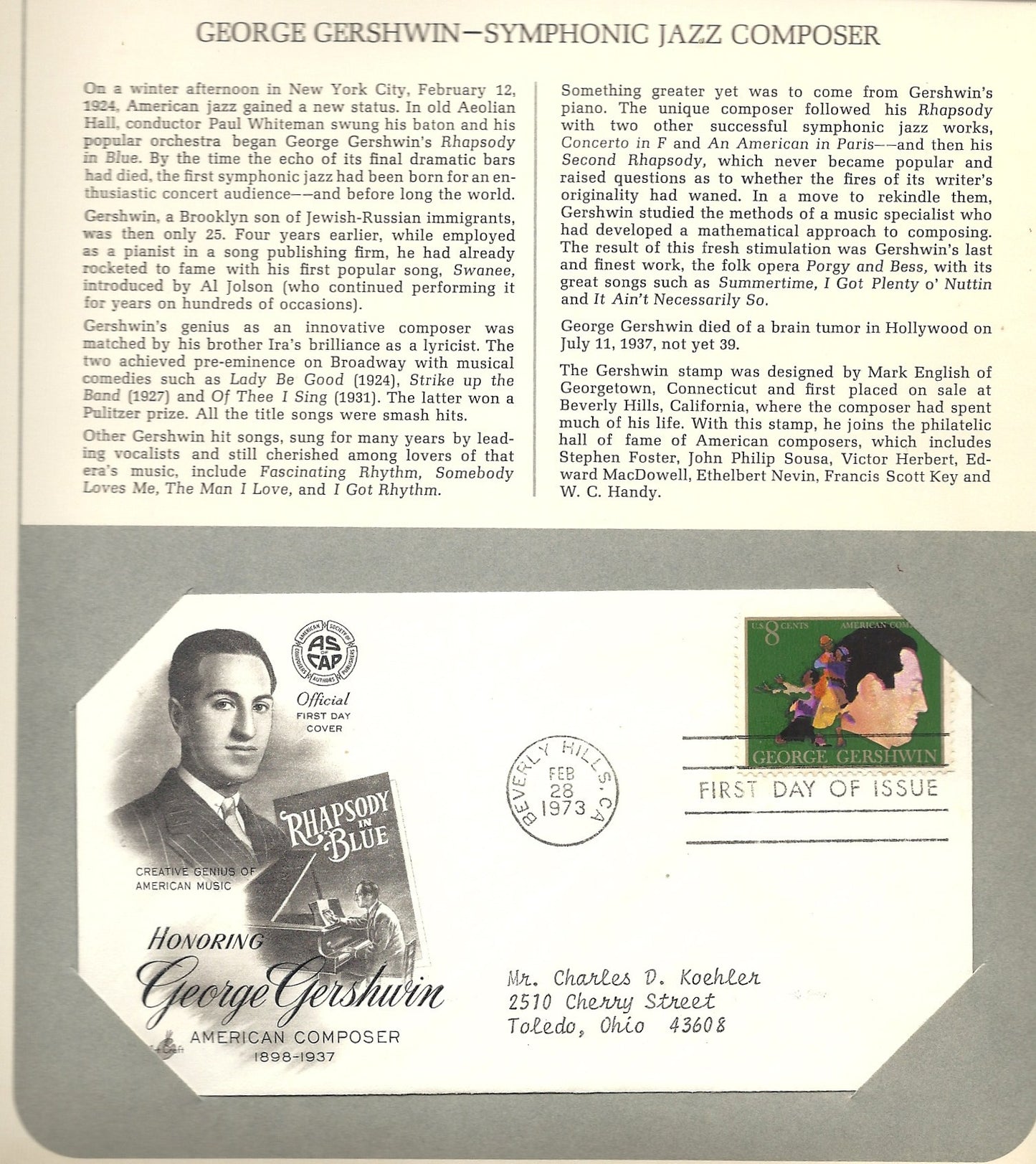 02 28 1973 FDC WH George Gershwin