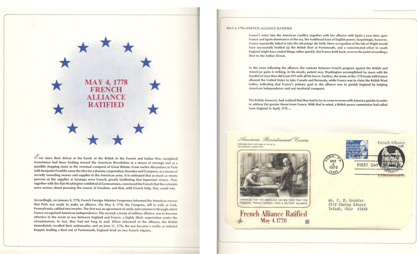 05 04 1978 FDC WH France Alliance Ratified 05 04 1778