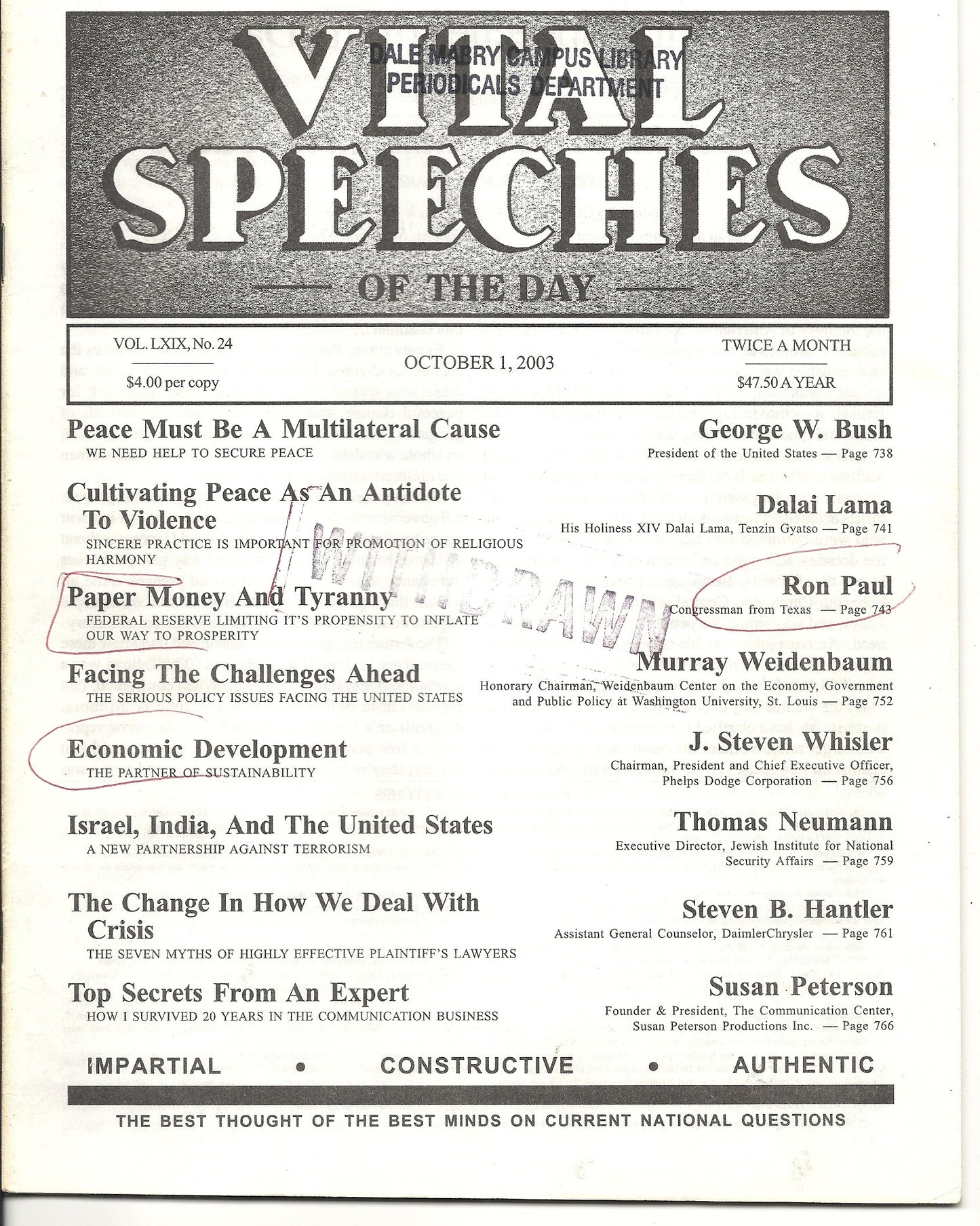 10 01 2003 Vital Speeches