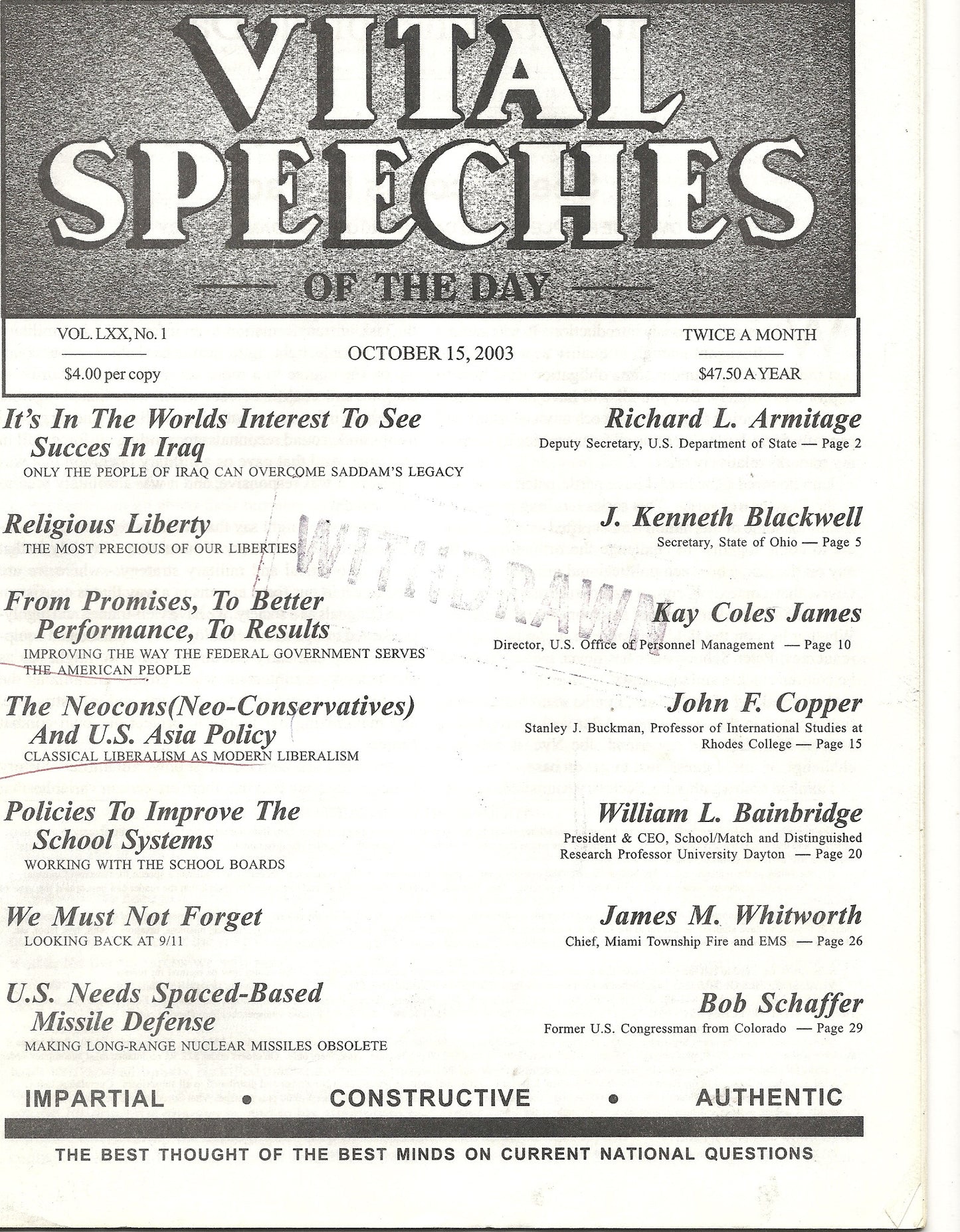 10 15 2003 Vital Speeches