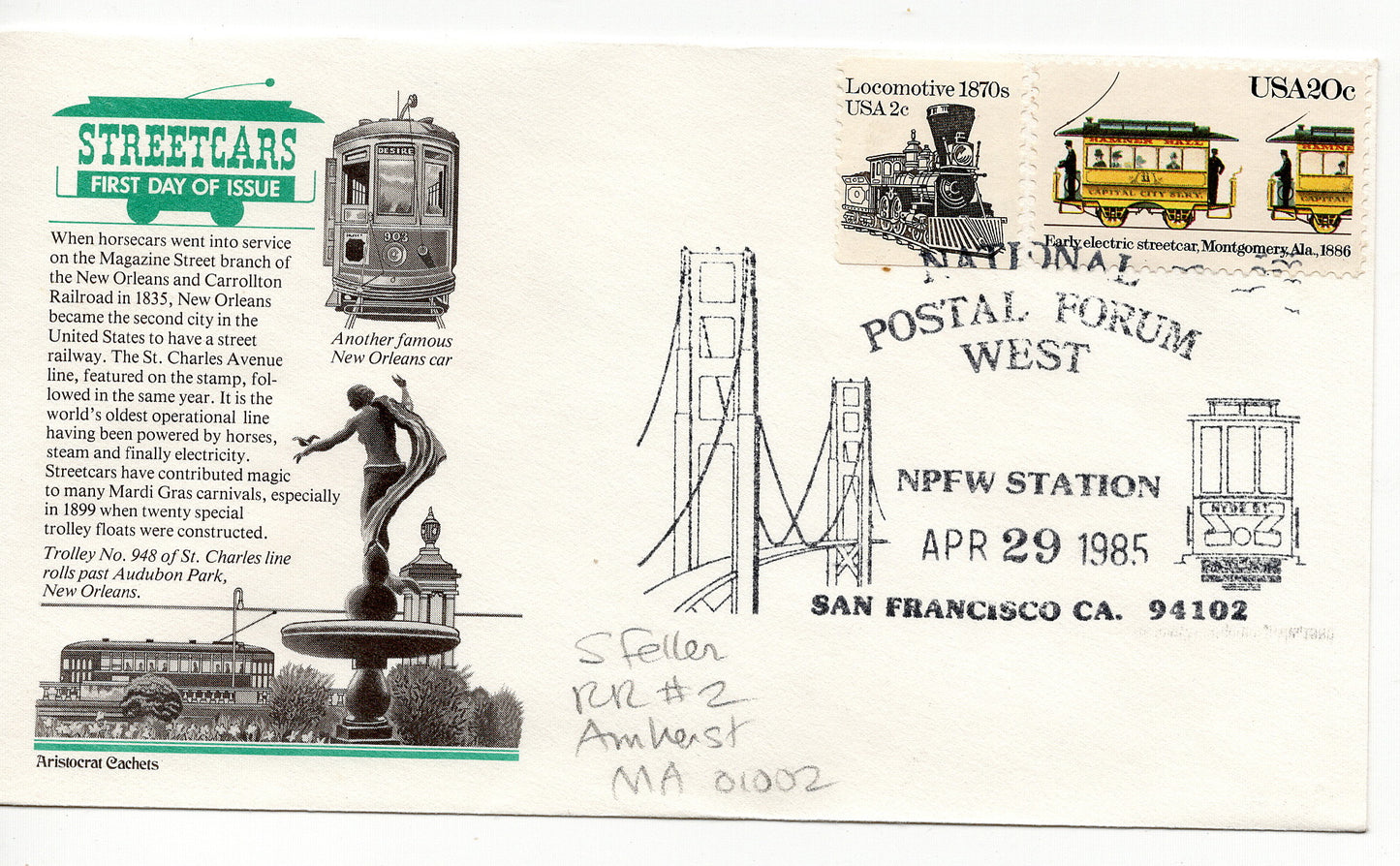 FDC 04 29 1985 Locomotive 1870s Train and Street car