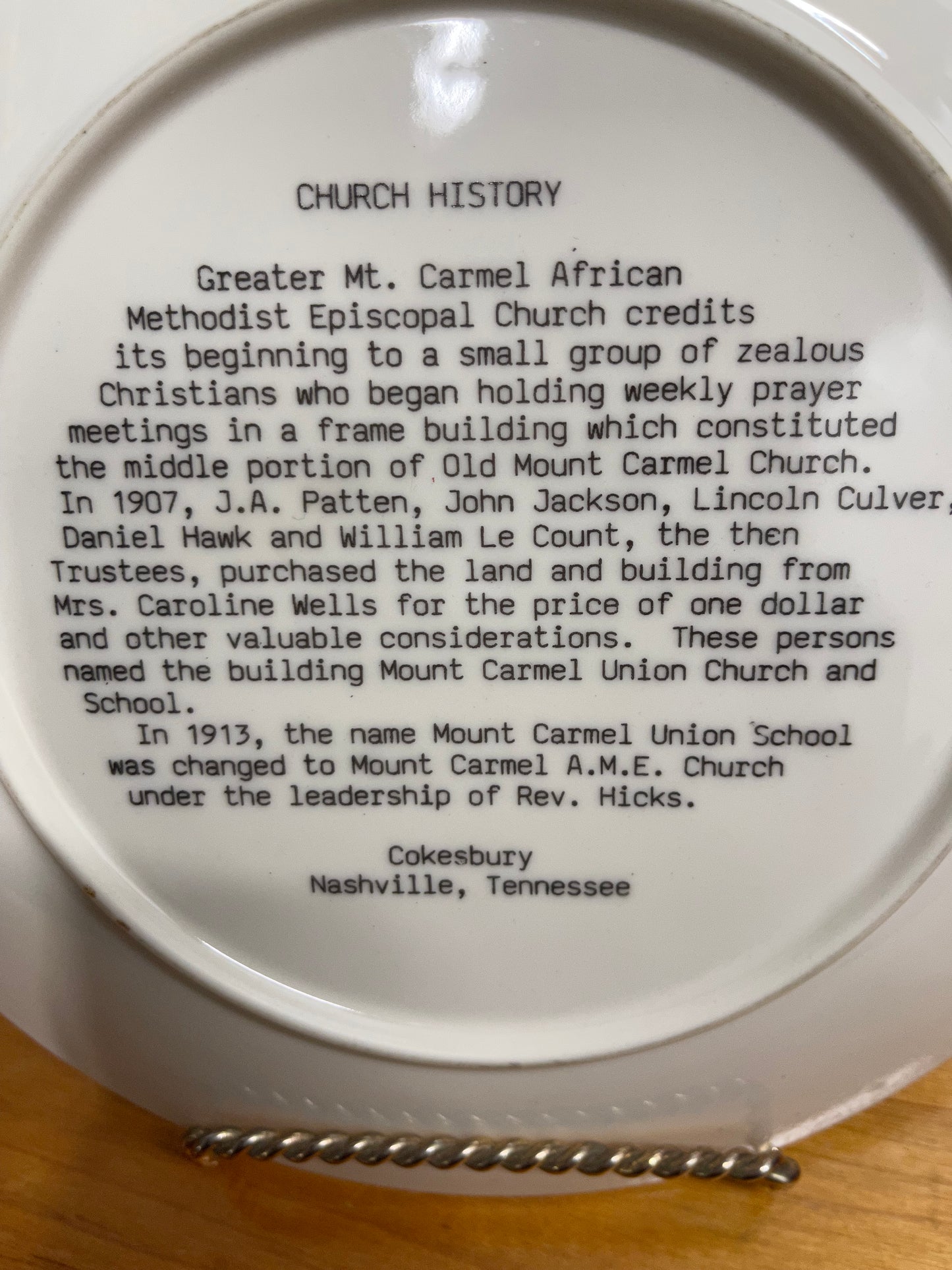 Church Plate - Greater Mt. Carmel A.M.E. Tampa FL - 1913 (P023)