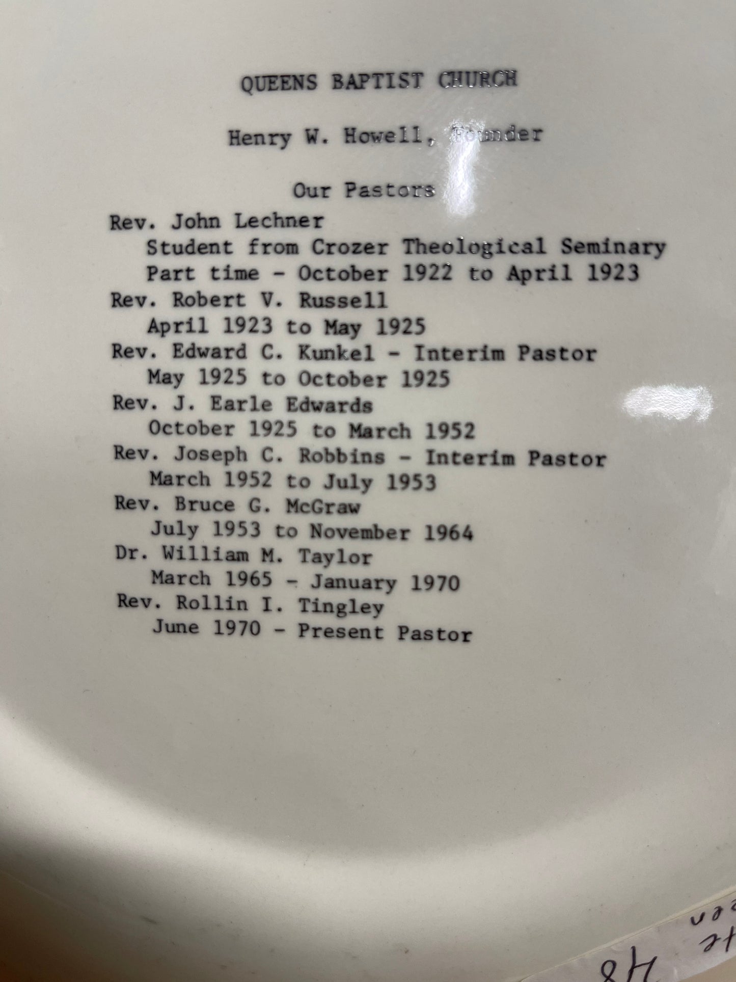 Church Plate - Queens Baptist Church 1922 - 1970 (P028)