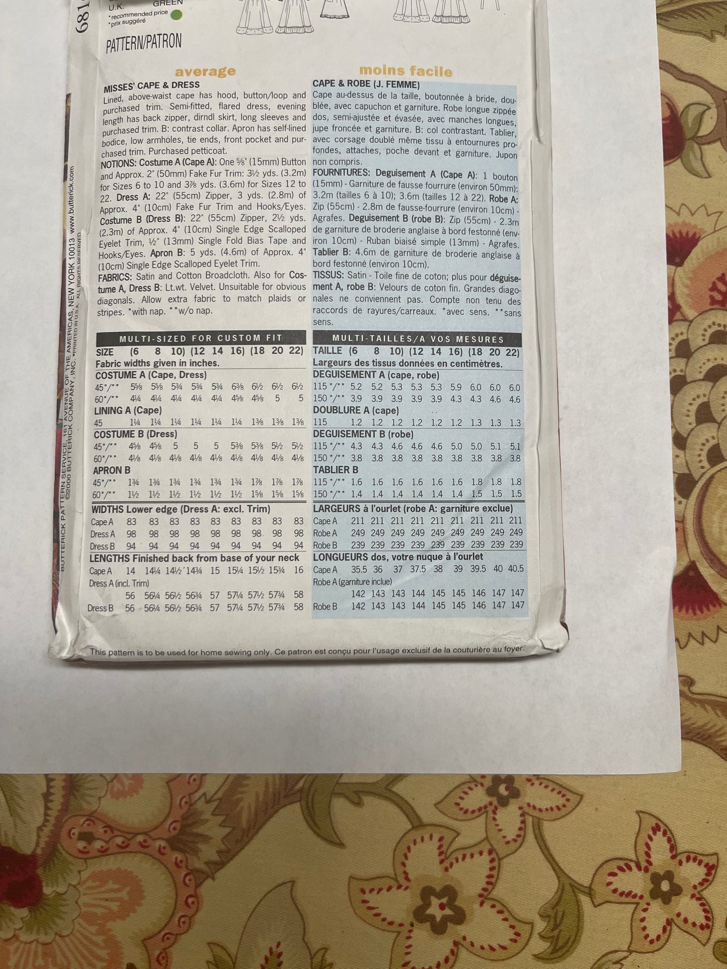 Butterick Pattern #6816 Siz 18-20-22 Misses' Cape & Dress