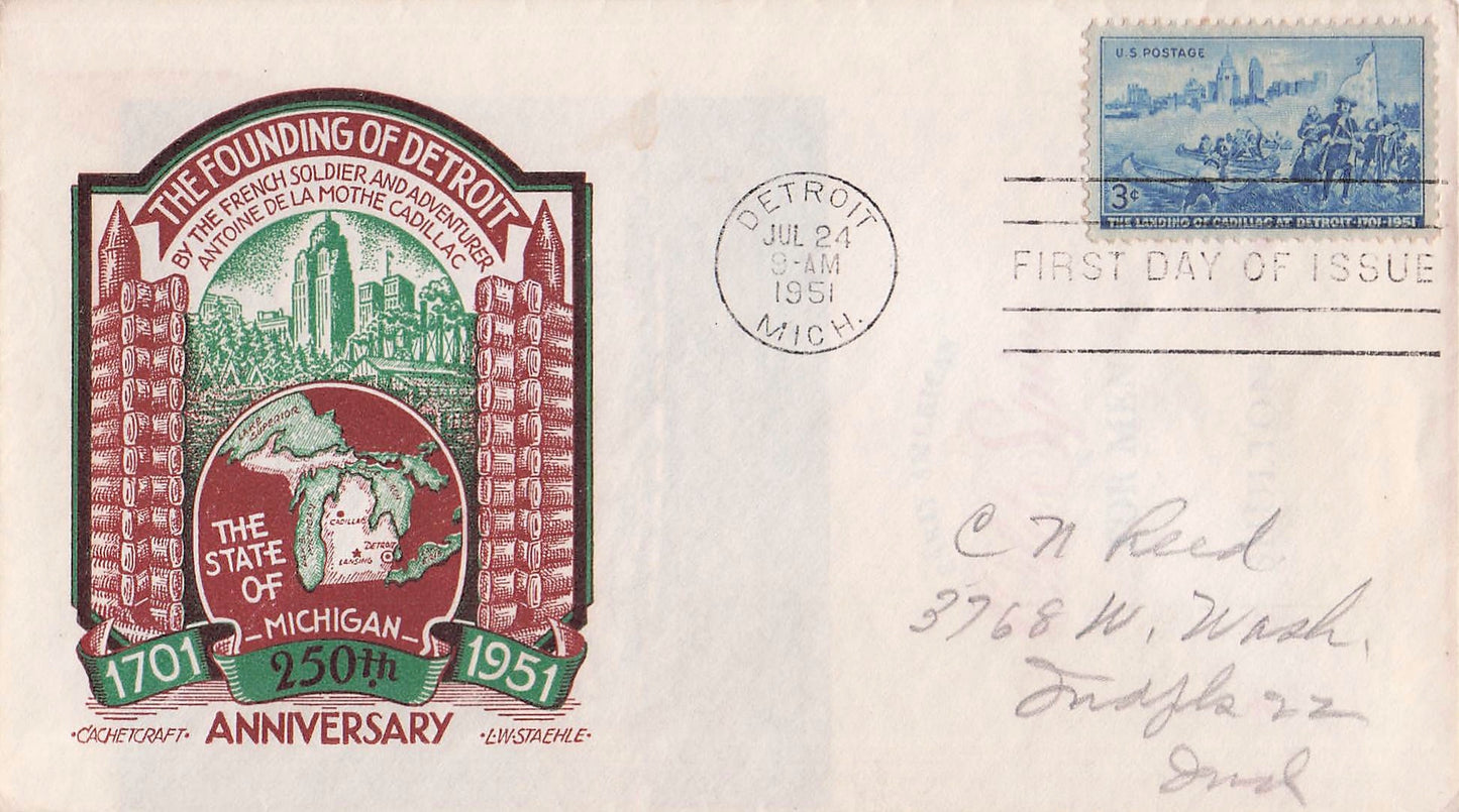 1951 07 24 FDC 250 Anniv Founding of Detroit