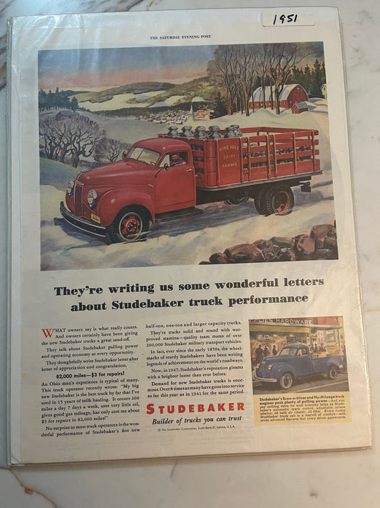 1951 Vintage Magazine Ad - Red Studebaker Truck - Pine Hill Dairy