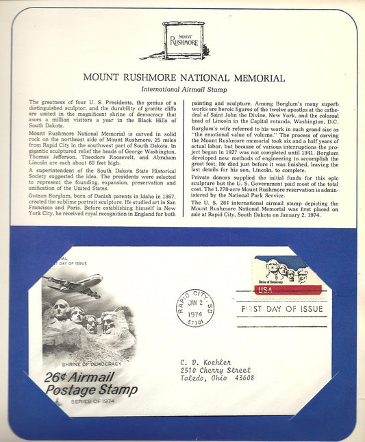 01 02 1974 FDC WH Mount Rushmore National Memorial