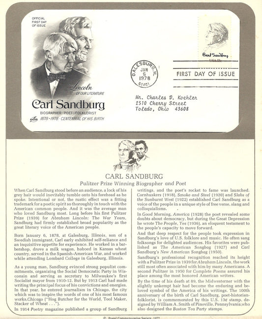 01 06 1978 FDC WH Carl Sandburg