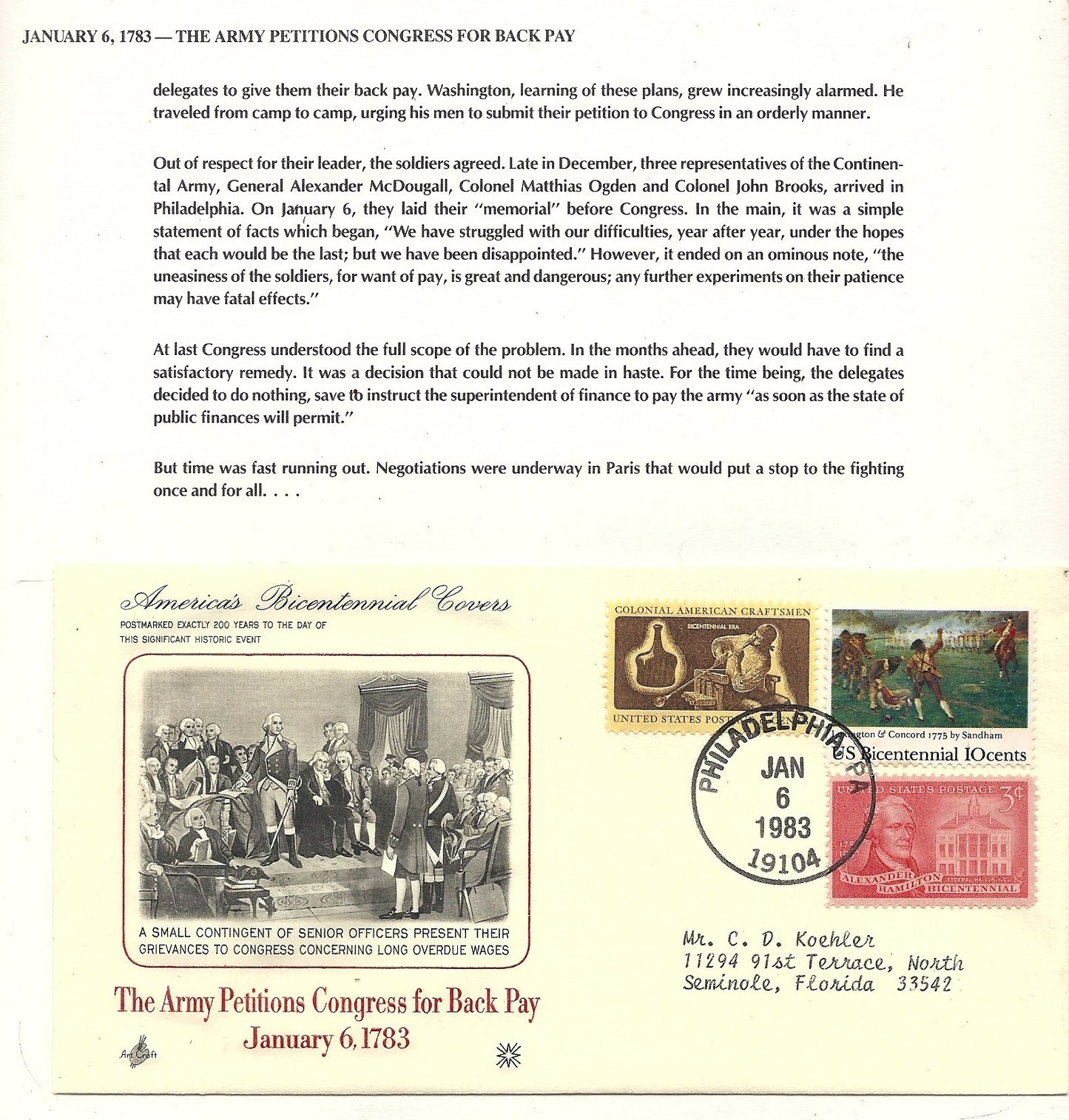 01 06 1986 FDC WH Army Petitions Congress for Back Pay