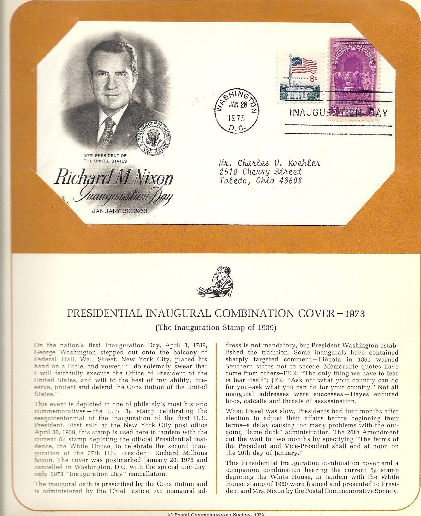 01 20 1973 FDC WH Richard  Nixon Inauguration Day