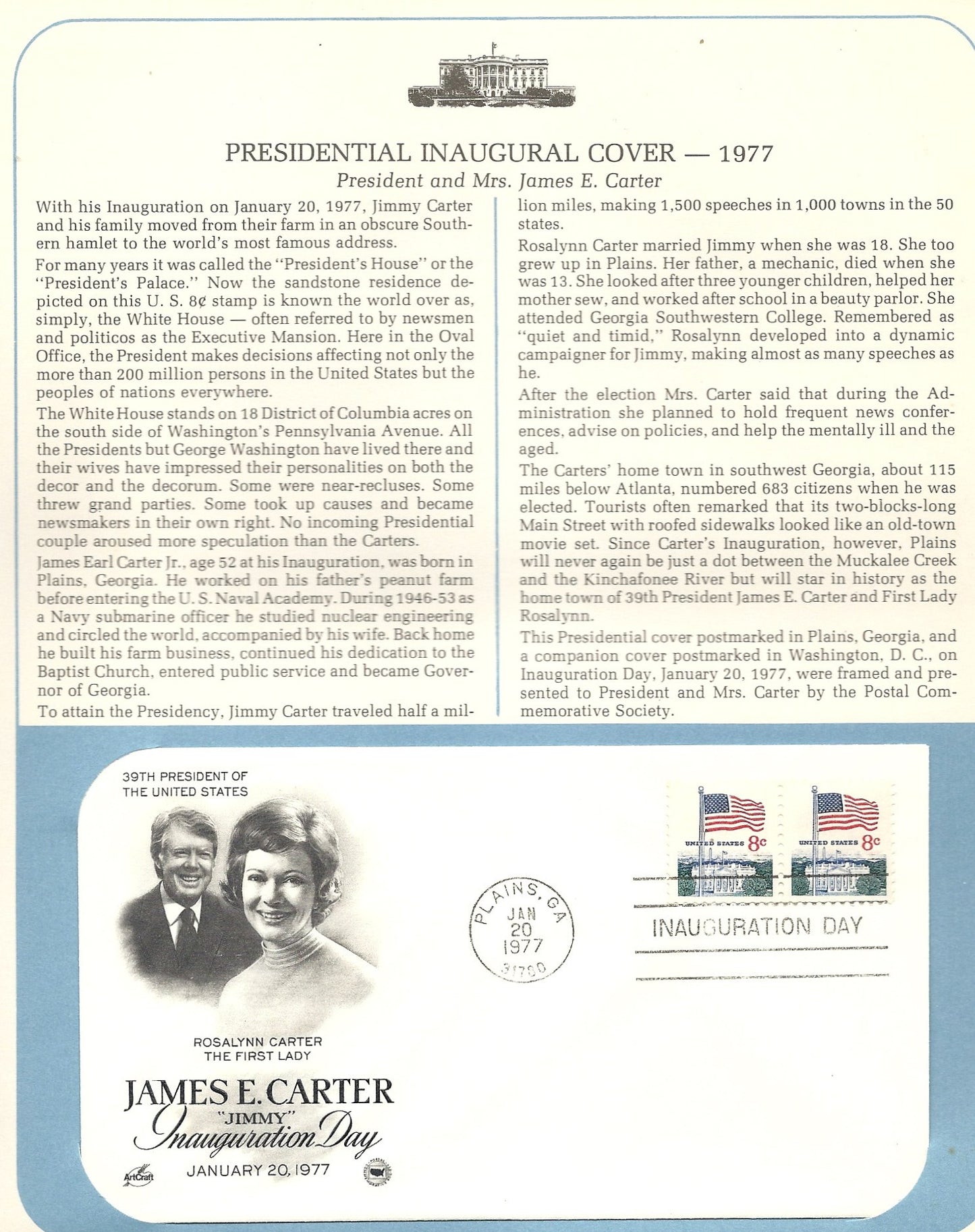 1977.01.20  FDC WH James E. Jimmy Carter Inauguration Day