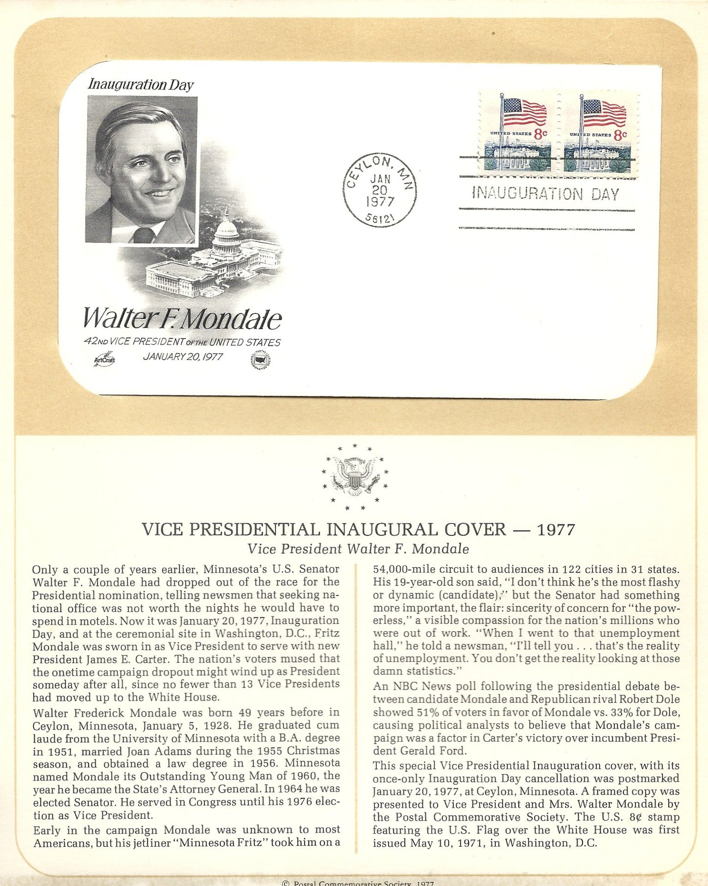 1977.01.20 FDC WH Walter F Mondale VP Inaugural Cover