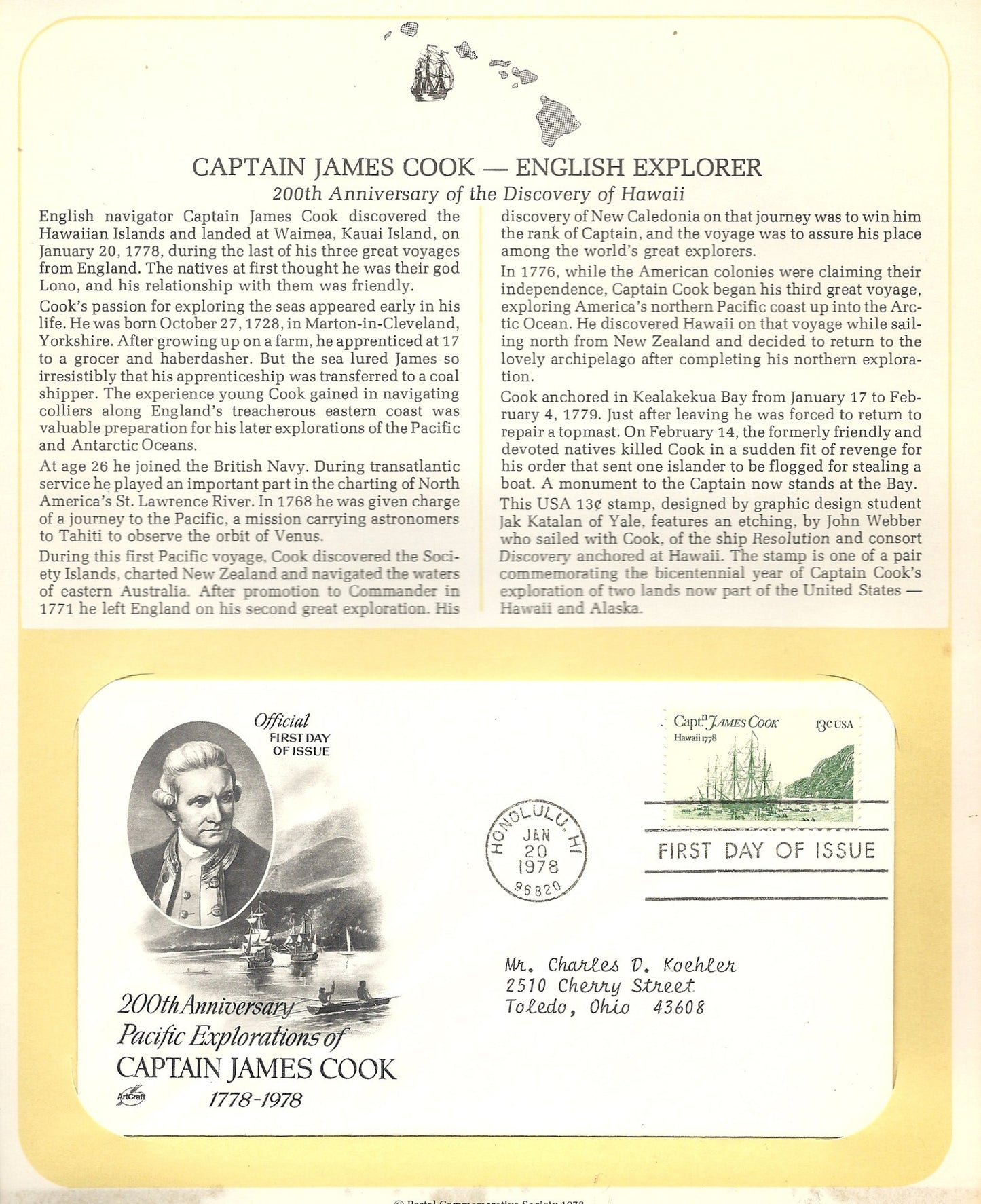01 20 1978 FDC WH Captain James Cook