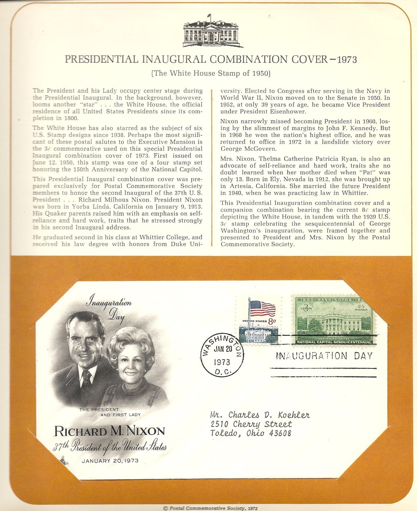 01 20 1973 FDC WH Richard M Nixon Inauguration Day