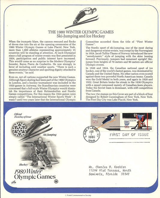 02 01 1980 FDC WH Winter Olympic Games Ski Jumping Ice Hockey