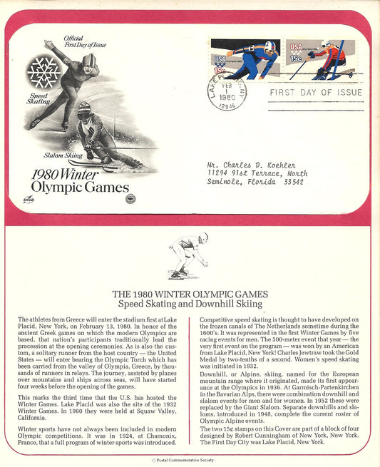 02 01 1980 FDC WH Winter Olympic Games Speed Skating  Downhill Skiing