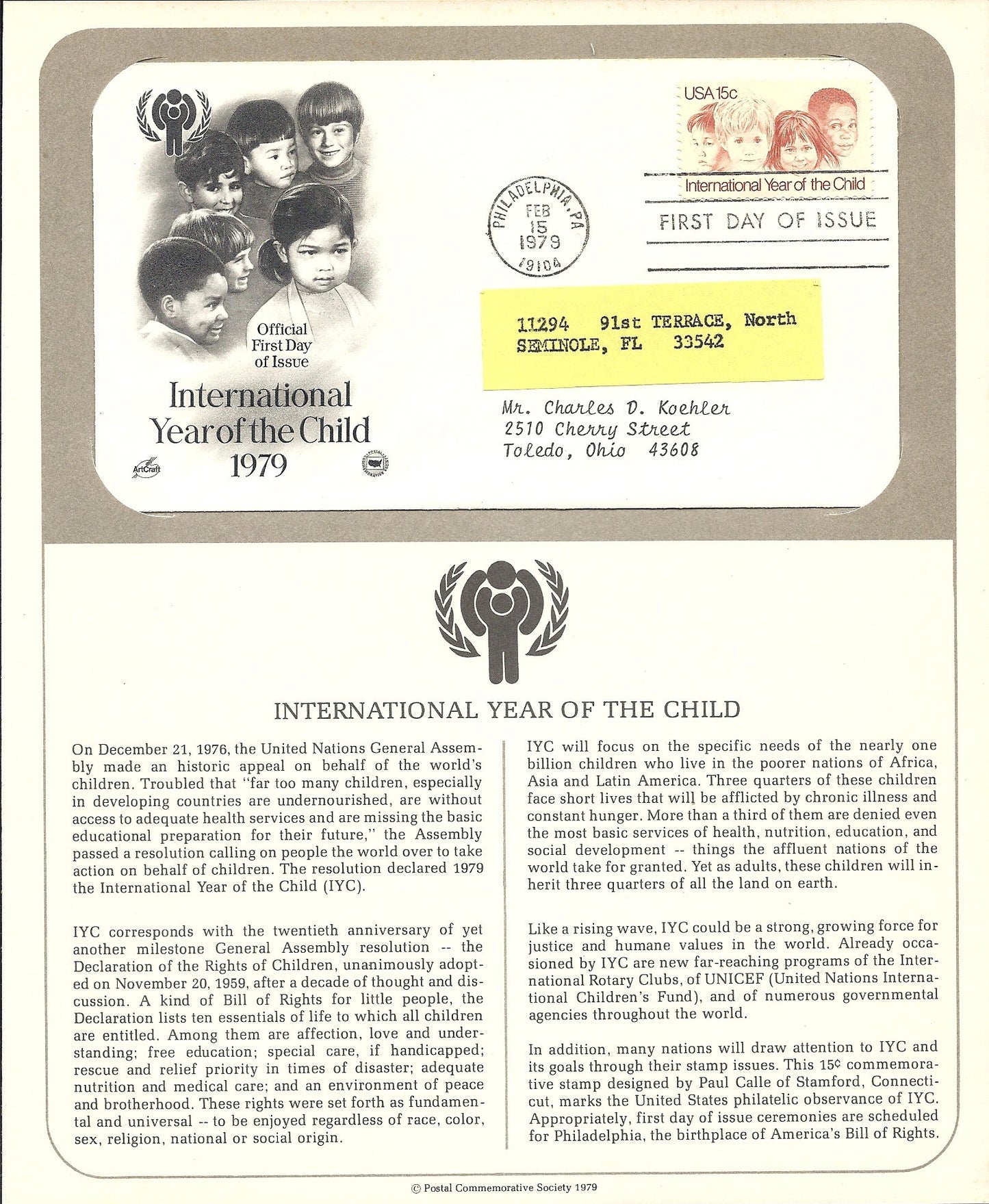 02 15 1979 FDC WH Year of the Child