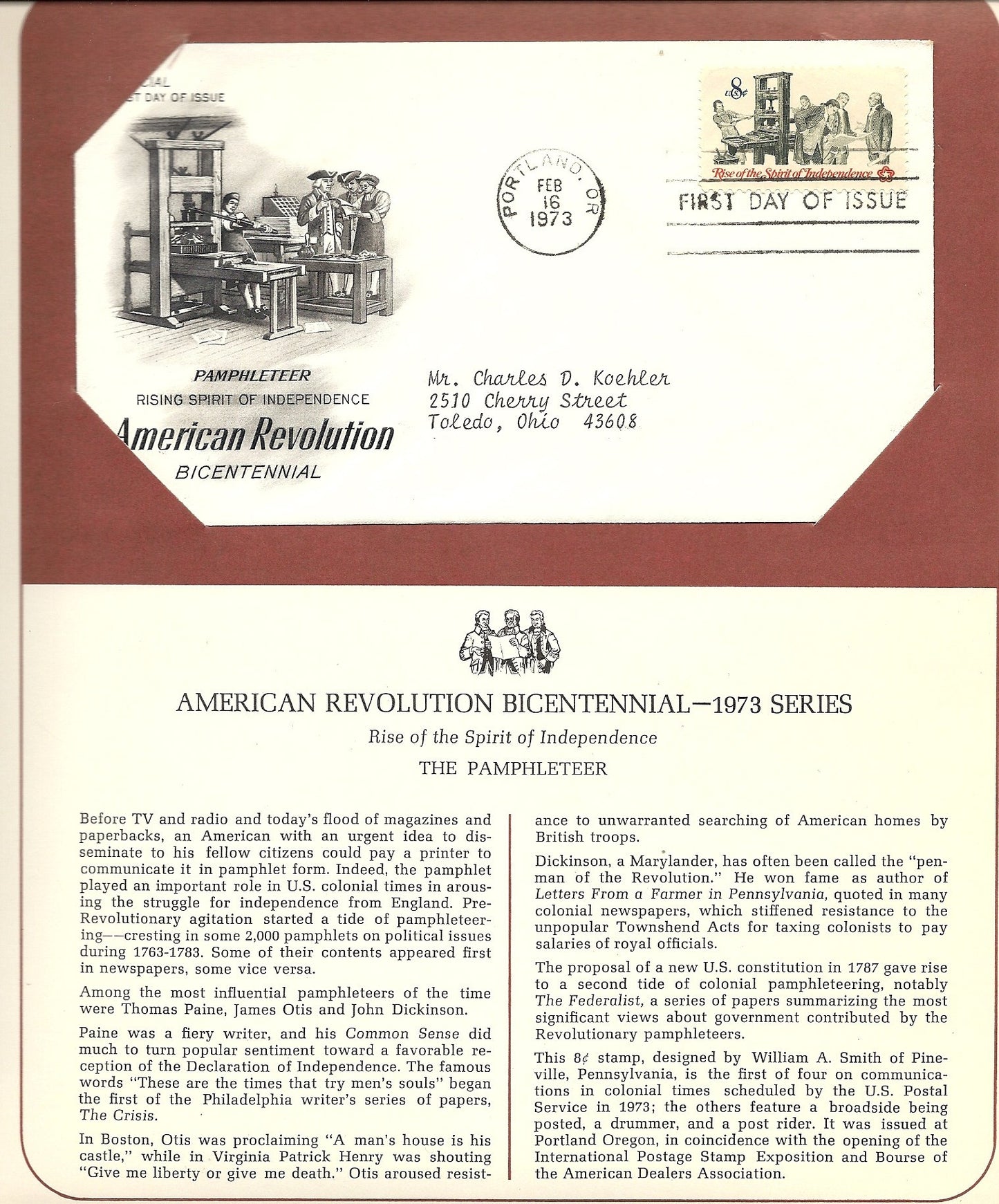 02 16 1973 FDC WH American Revolution