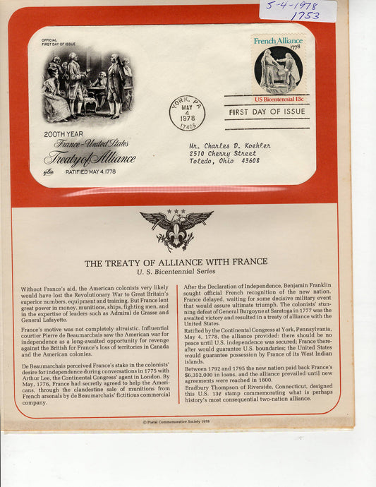 05 04 1978 FDC WH French Alliance Ratified 05 04 1778