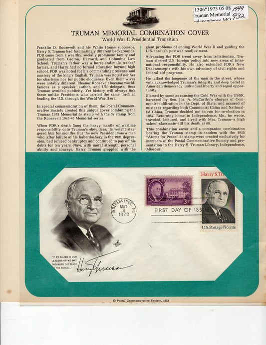 05 08 1973 FDC WH Truman Memorial - FDR stamp