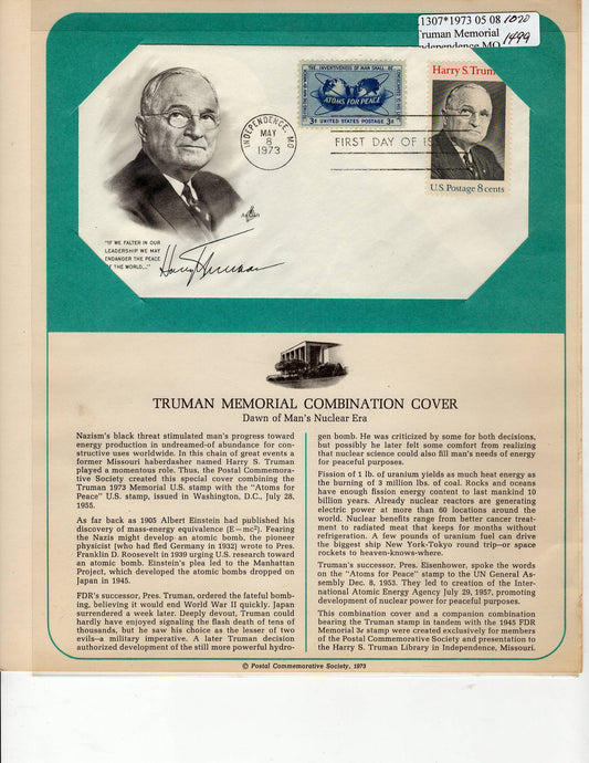 05 08 1973 FDC WH Truman Memorial - Atoms for Peace
