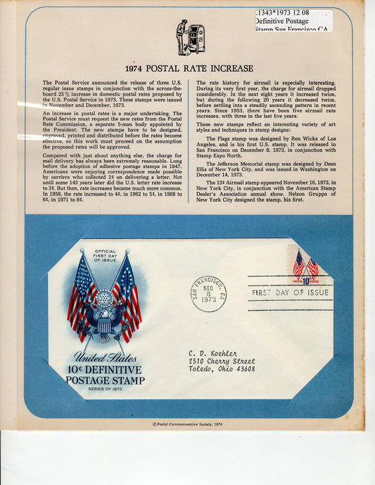 12 08 1973 FDC WH US Flag 10cent Definitive Postage Stamp