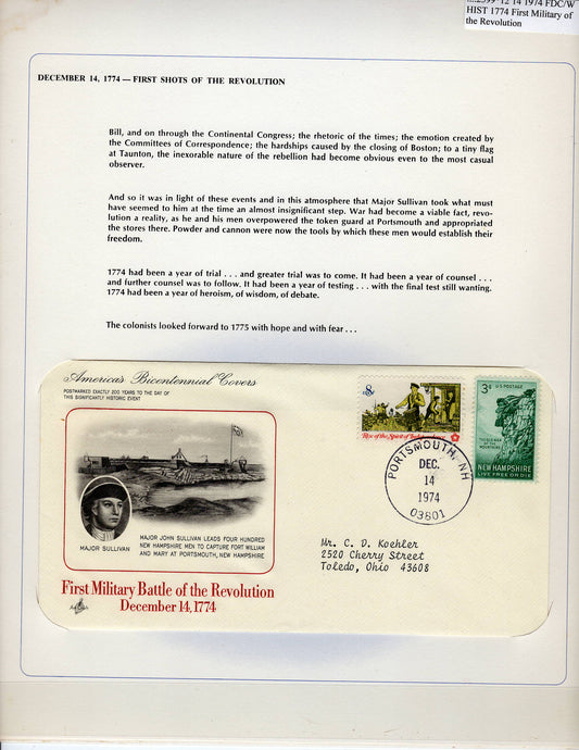 12 14 1974 FDC WH First Military Battle of the Revolution 1774