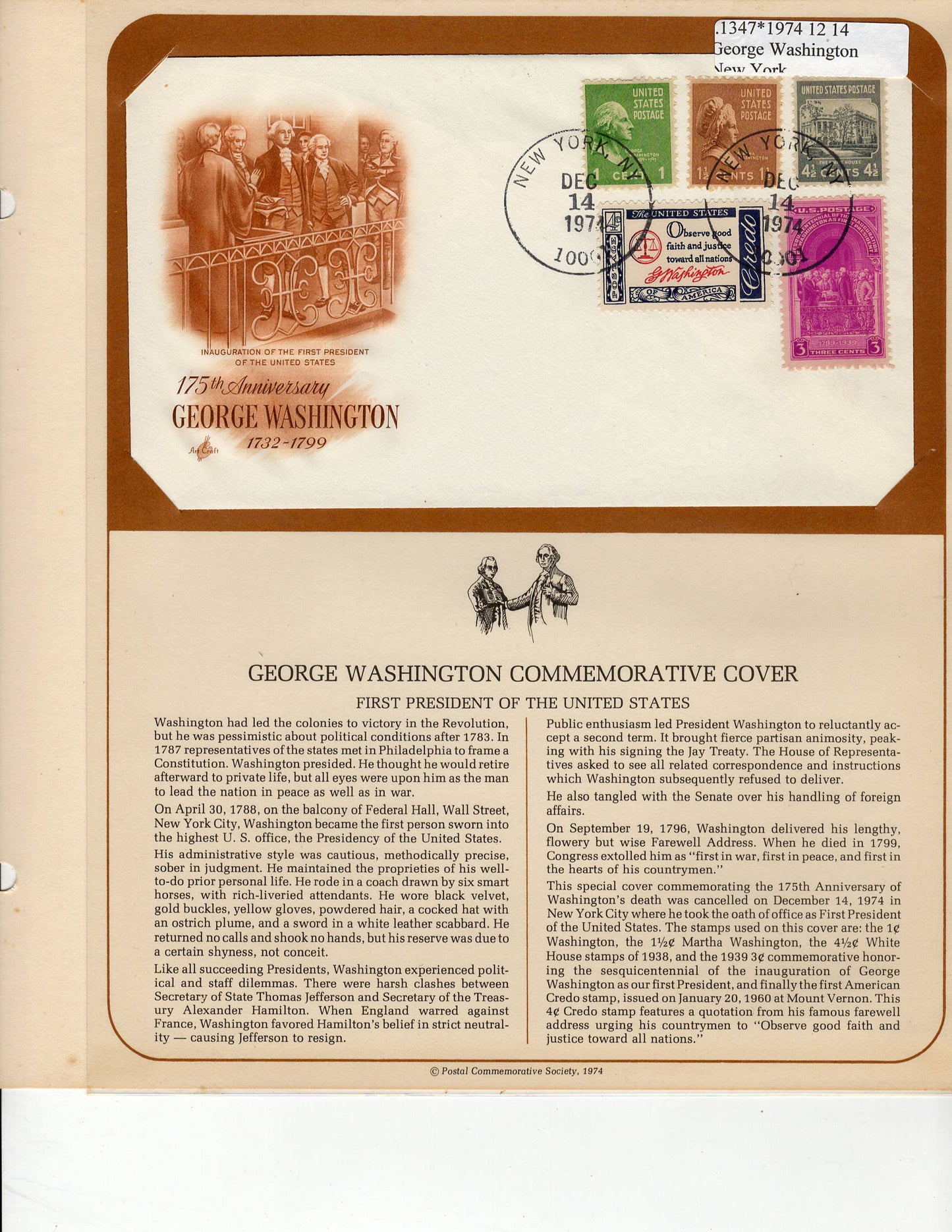 12 14 1974 FDC WH Washington 175th