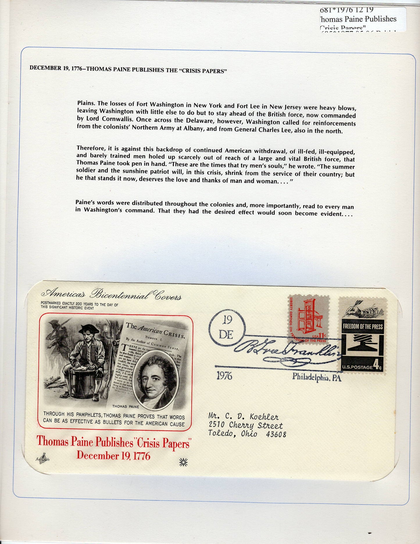 12 19 1976 FDC WH Thomas Paine Publishes "Crisis Papers" 1776