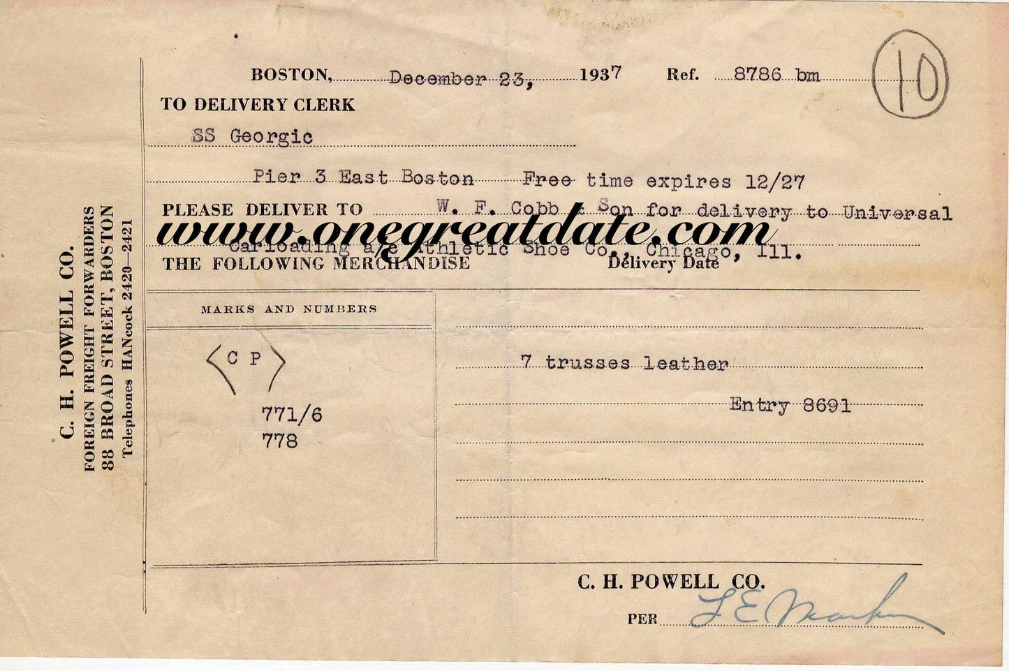 12 23 1937 SS Georgic shipping record