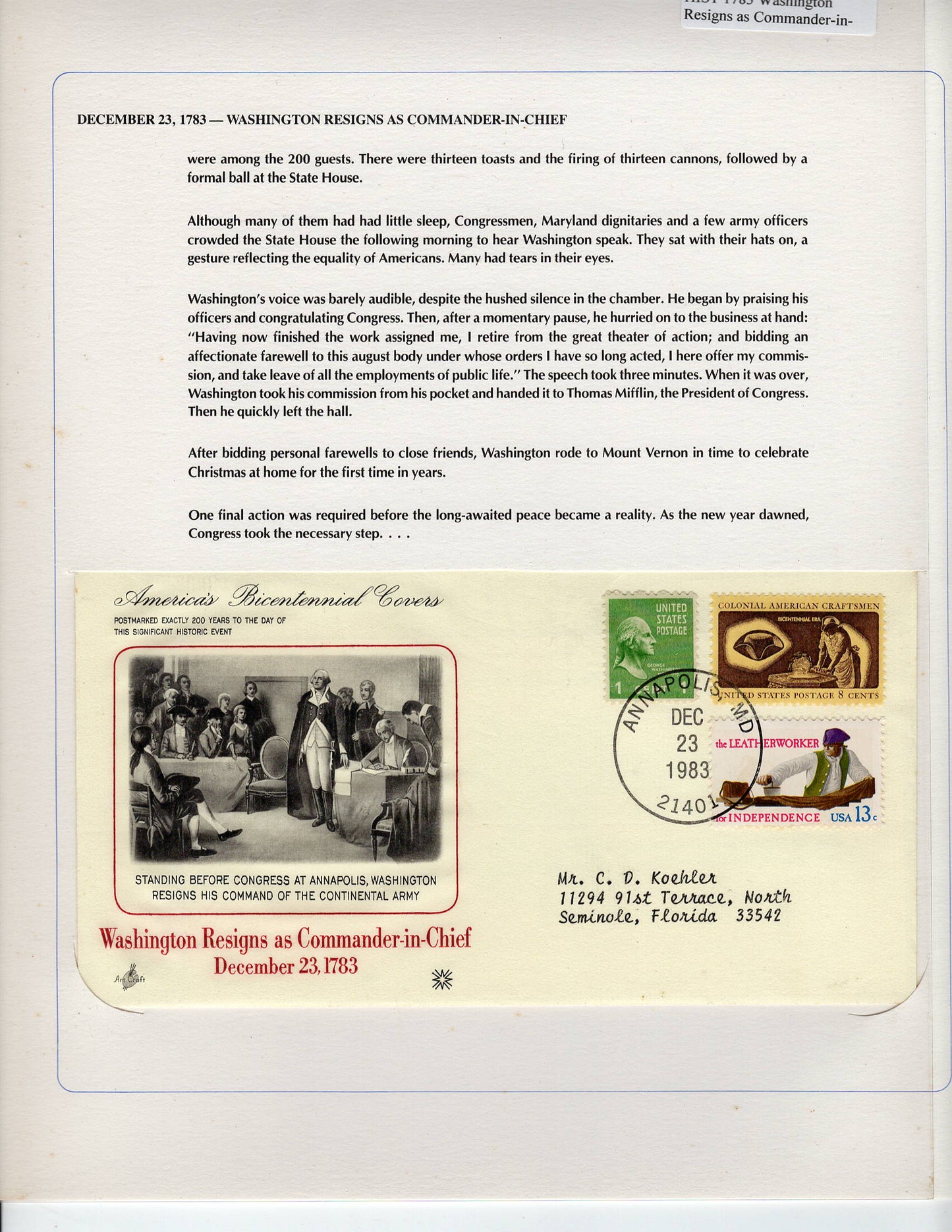 12 23 1983 FDC WH Washington Resigns as Commander-in-Chief 1783