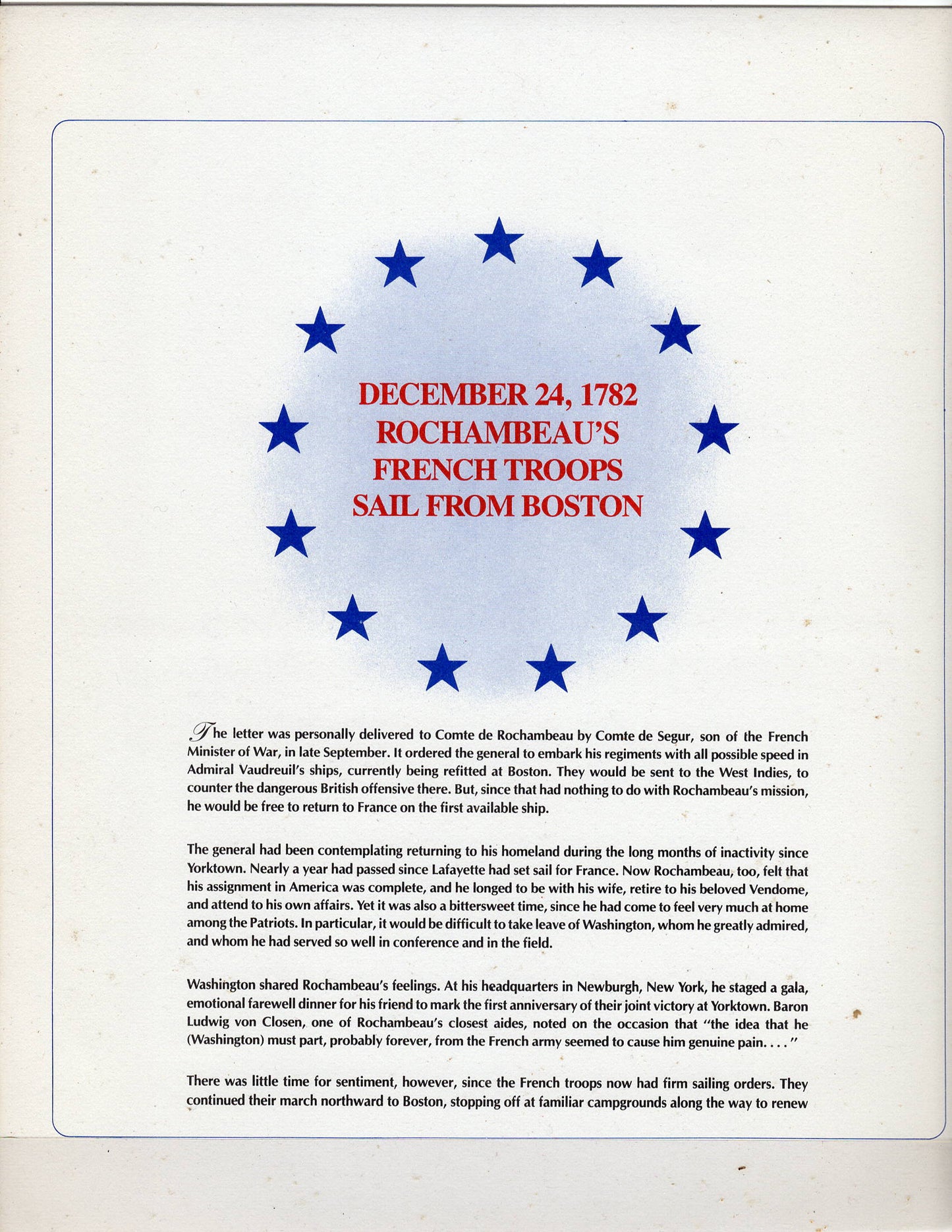 12 24 1982 FDC WH Rochambeau's Troops Sail from Boston 1782