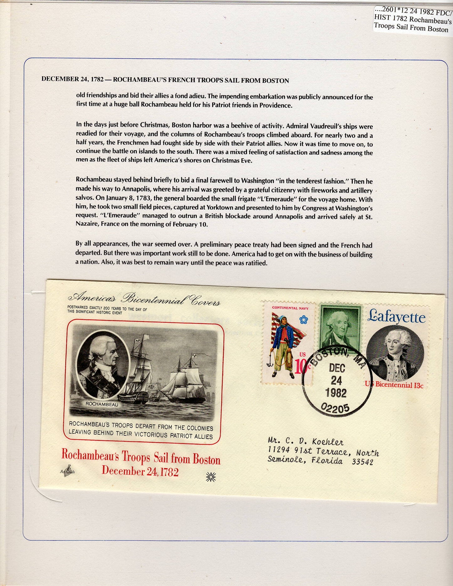 12 24 1982 FDC WH Rochambeau's Troops Sail from Boston 1782