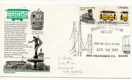 FDC 04 30 1985 Locomotive 1870s Train and Street car