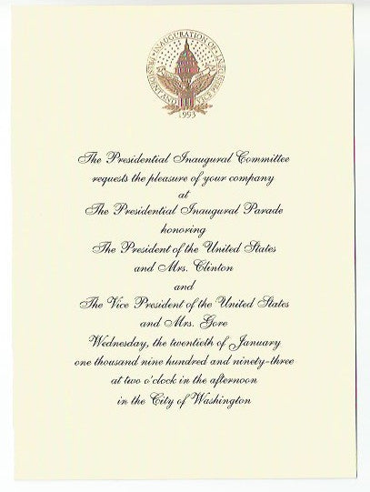 Copy of 01 20 1993 Parade and Ball Invitations from Clinton Gore Inauguration